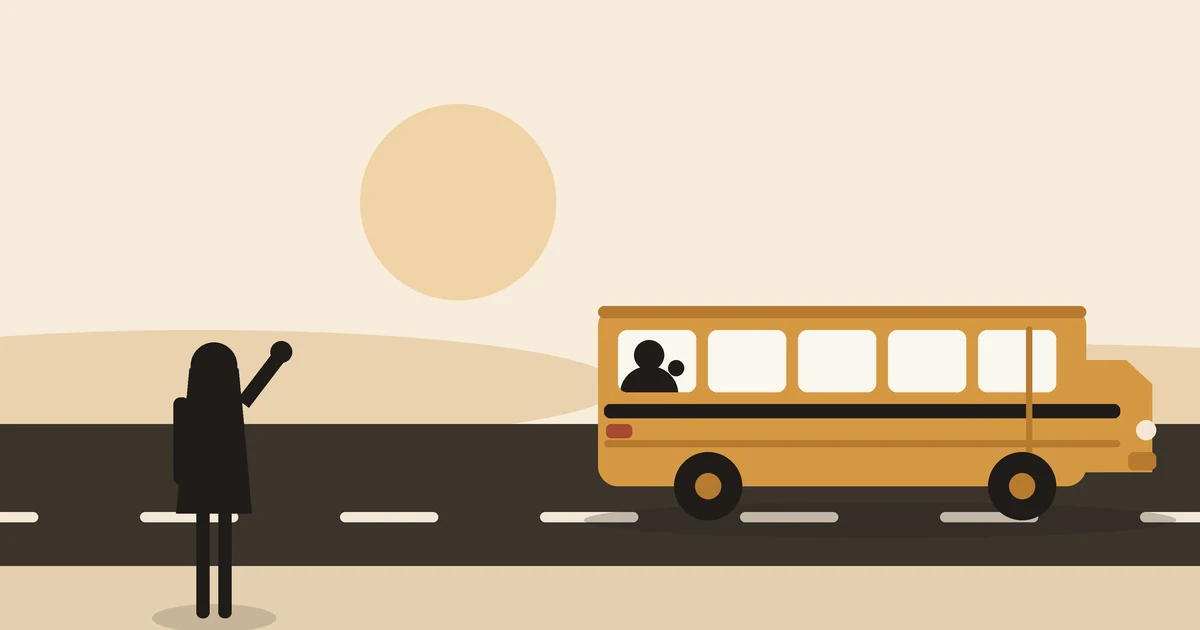A mother standing alone at the roadside, waving as a yellow school bus pulls away with her small child at the window