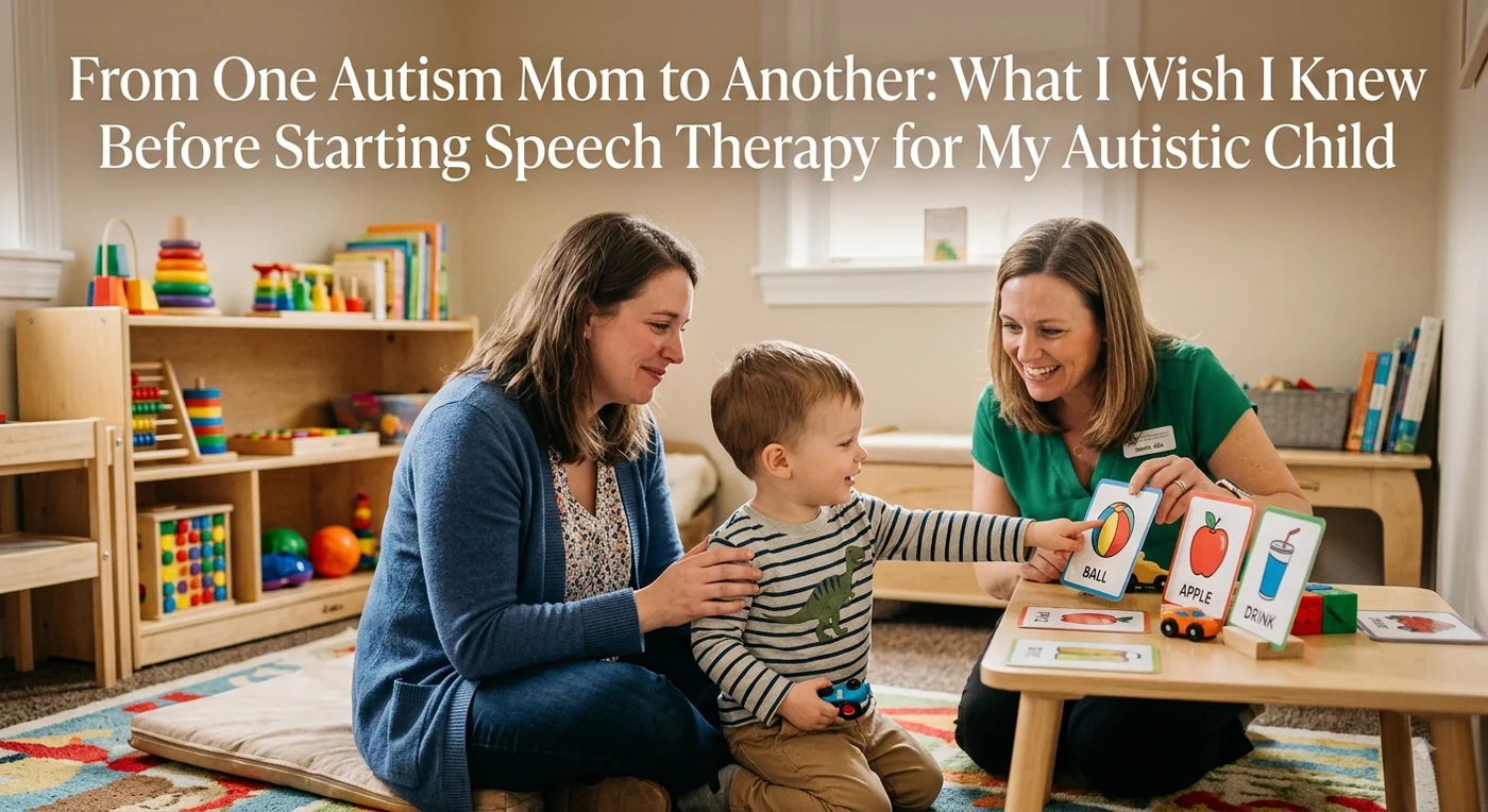 A speech-language pathologist and a mother sit on the floor with a toddler who is pointing at a picture communication card during a speech therapy session