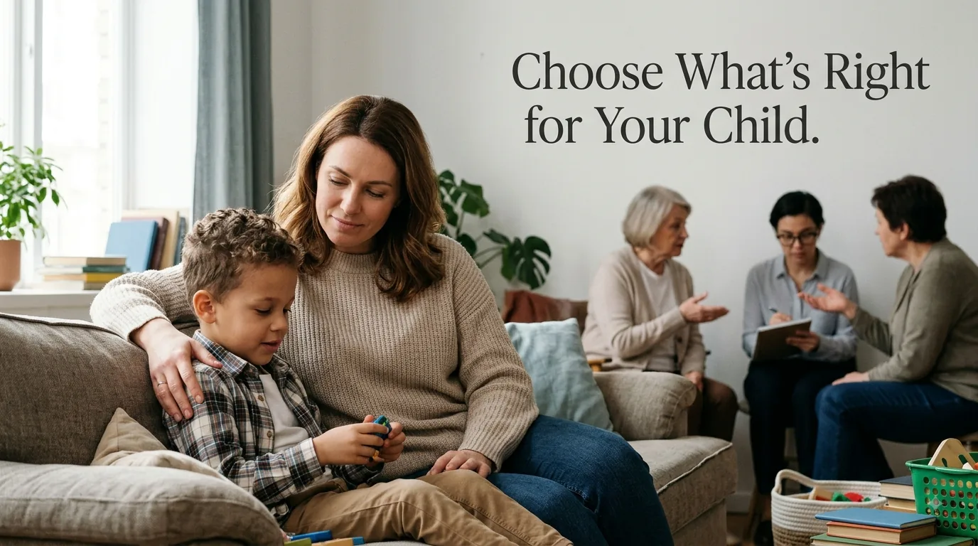 A mother sits on the couch with her arm around her young son while he plays quietly with a toy, as therapists talk in the background of the room